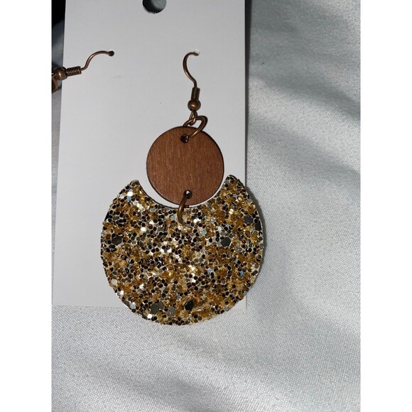 Earrings Glitter Sparkling Dangle Round w/ Wood Accent Formal Casual Lightweight - Picture 3 of 4